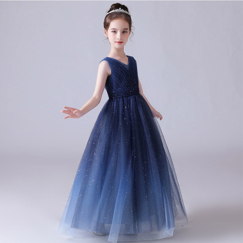 Sparkling Blue Girls’ Tulle Maxi Dress – V-Neck Formal Princess Gown