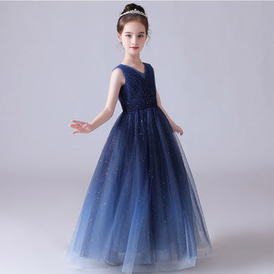 Sparkling Blue Girls’ Tulle Maxi Dress – V-Neck Formal Princess Gown