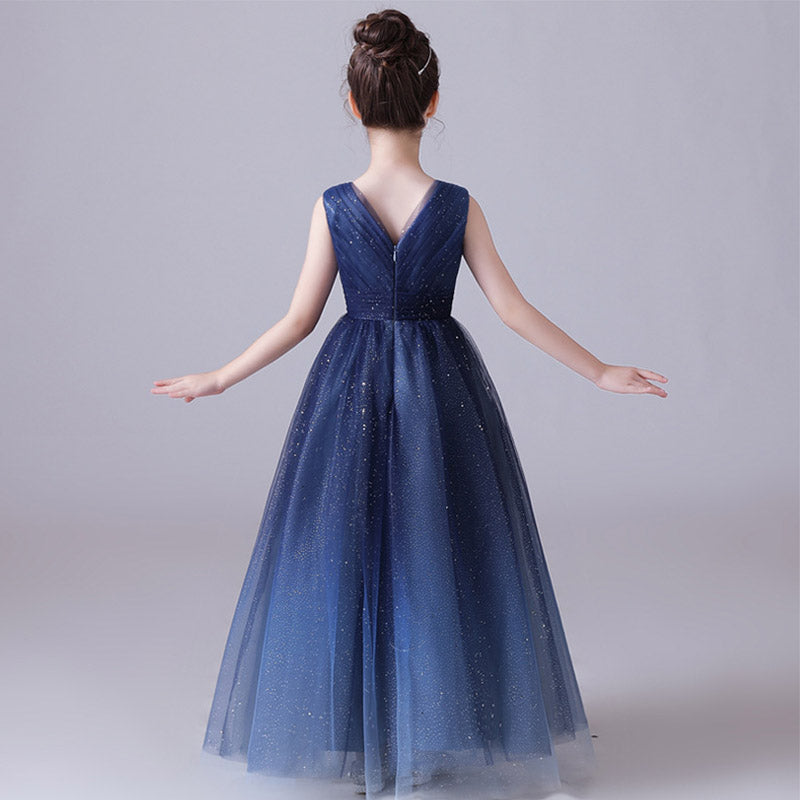 Sparkling Blue Girls’ Tulle Maxi Dress – V-Neck Formal Princess Gown