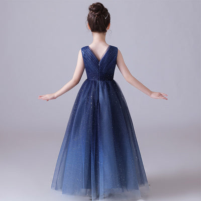 Sparkling Blue Girls’ Tulle Maxi Dress – V-Neck Formal Princess Gown