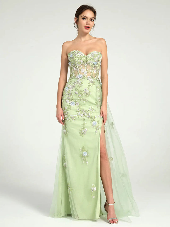 Mermaid Maxi Prom Dress Sweetheart Neckline, Glitter Floral Lace, Rhinestones & Leg Slit Carlyna Mermaid Maxi Prom Dress Sweetheart Neckline, Glitter Floral Lace, Rhinestones & Leg Slit Carlyna