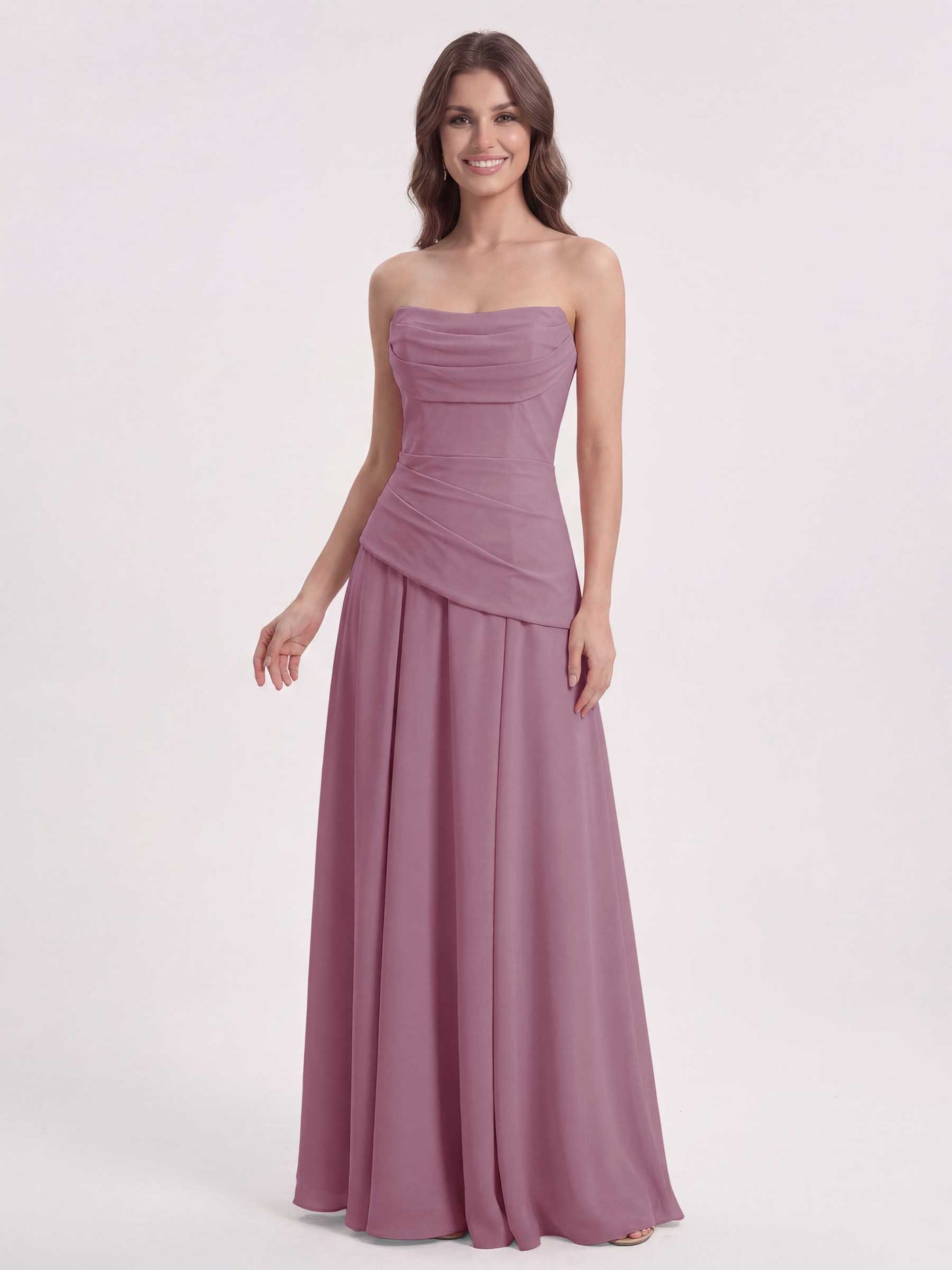 Dove Strapless Chiffon Bridesmaid Dress with Corset Back and Draped Waist