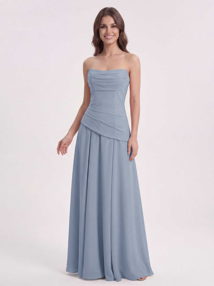 Dusty Blue Chiffon Sweetheart Bridesmaid Dress A-Line Floor-Length