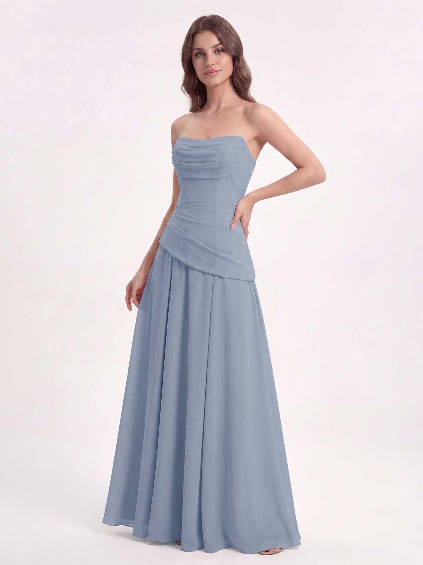 Champagne Rose Strapless Chiffon Bridesmaid Dress with Corset Back and Draped Waist