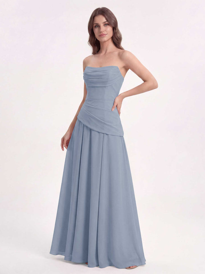 Dusty Blue Chiffon Sweetheart Bridesmaid Dress A-Line Floor-Length