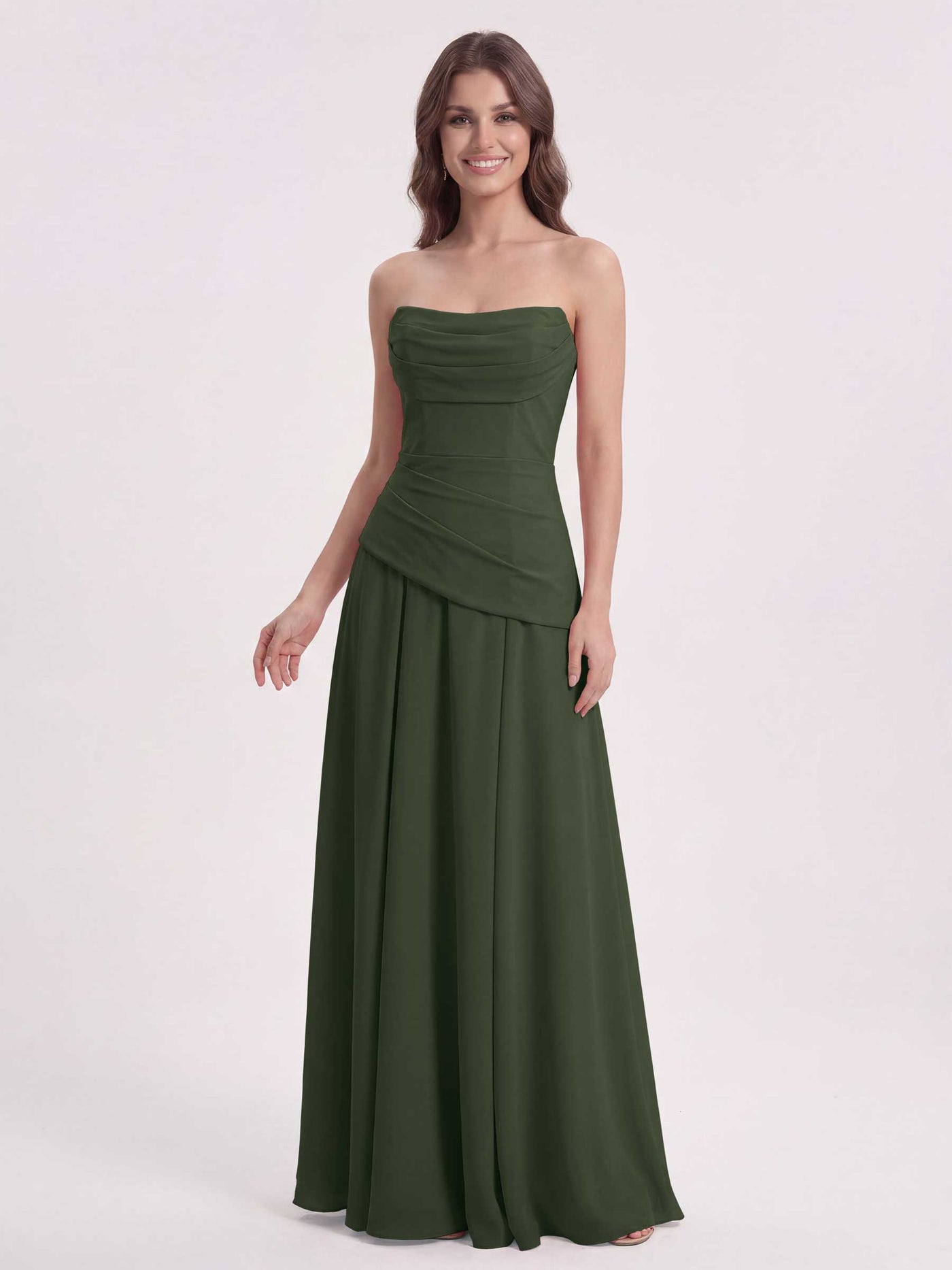 Champagne Rose Strapless Chiffon Bridesmaid Dress with Corset Back and Draped Waist