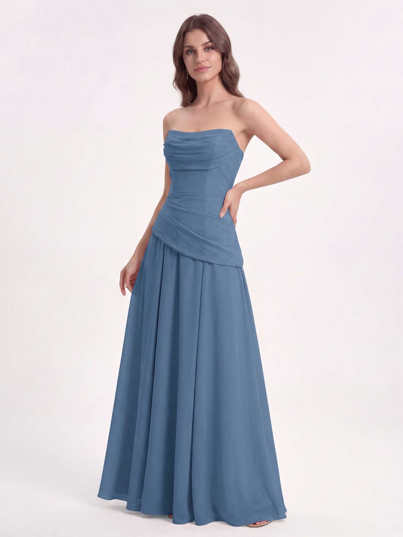 Champagne Rose Strapless Chiffon Bridesmaid Dress with Corset Back and Draped Waist