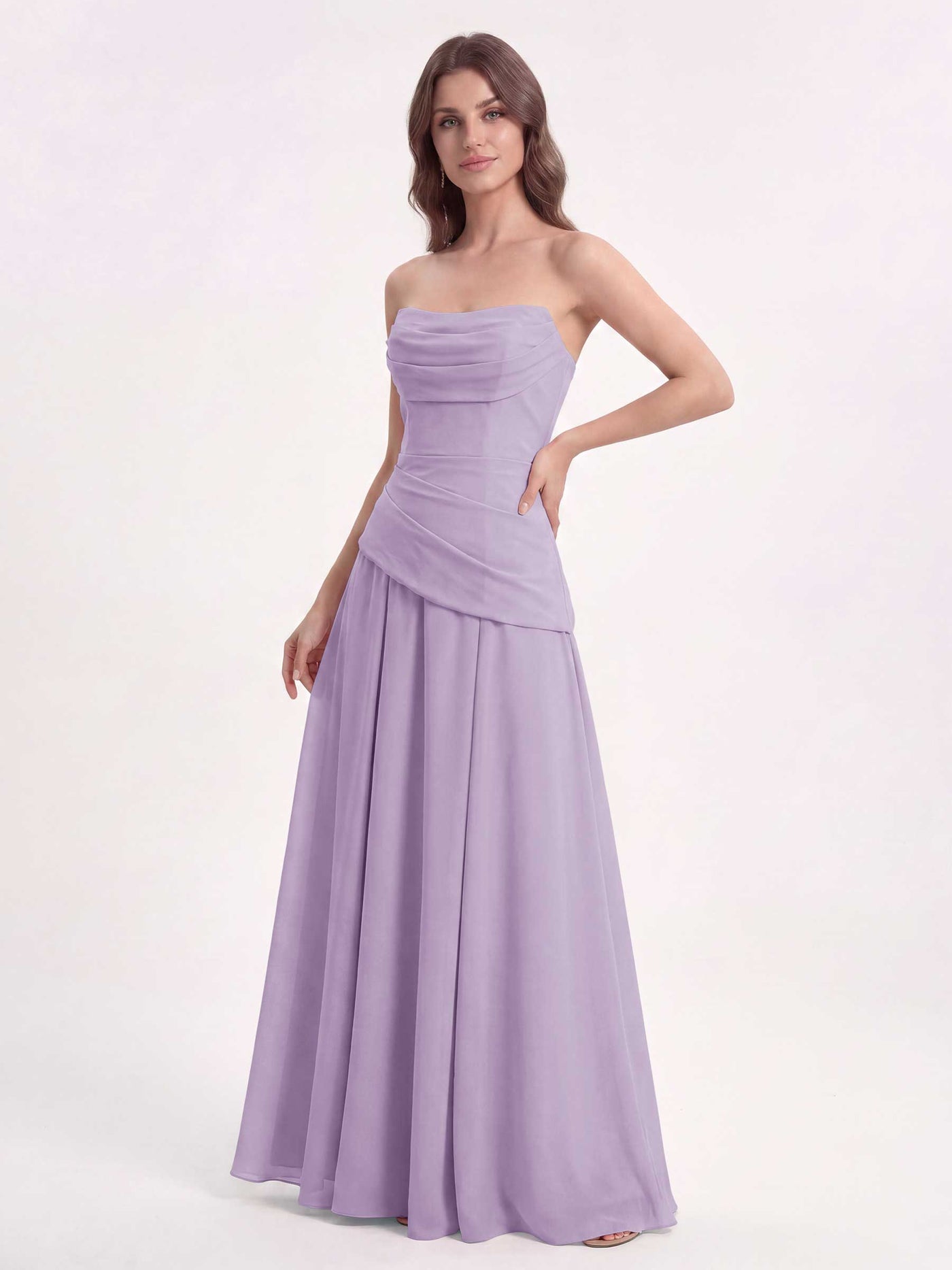 Navy Strapless Chiffon Bridesmaid Dress with Corset Back and Draped Waist