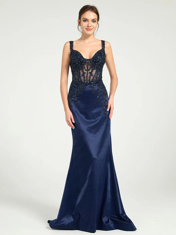 Stretch Jersey Fit & Flare Prom Gown with Sheer Bead & Lace Embellished Bodice Stretch Jersey Fit & Flare Prom Gown with Sheer Bead & Lace Embellished Bodice