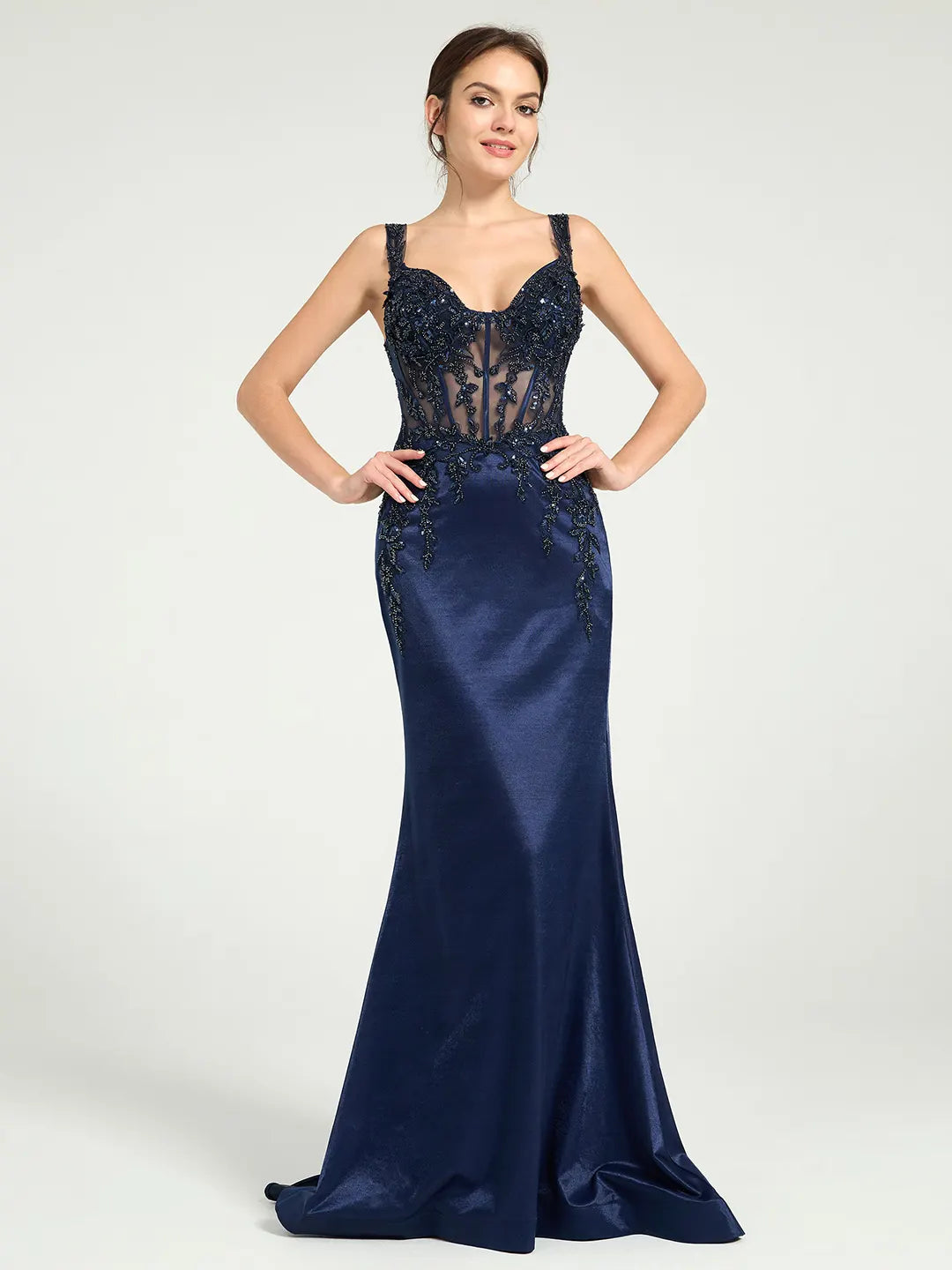 Stretch Jersey Fit & Flare Prom Gown with Sheer Bead & Lace Embellished Bodice Stretch Jersey Fit & Flare Prom Gown with Sheer Bead & Lace Embellished Bodice
