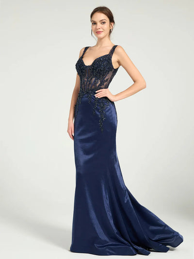 Carlyna Carlyna Carlyna Stretch Jersey Fit & Flare Prom Gown with Sheer Bead & Lace Embellished Bodice