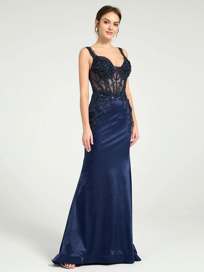 Carlyna Carlyna Carlyna Carlyna Stretch Jersey Fit & Flare Prom Gown with Sheer Bead & Lace Embellished Bodice