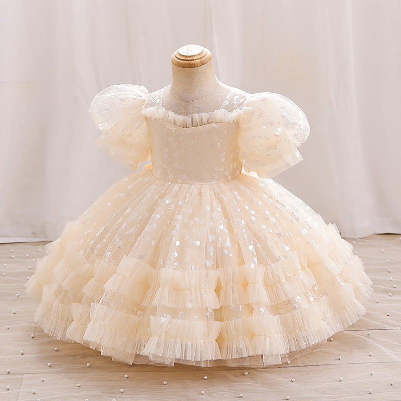 Tea Length Princess Dress for Girls - Pleated Tulle Short Sleeve Sweetheart Gown