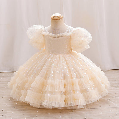 Tea Length Princess Dress for Girls - Pleated Tulle Short Sleeve Sweetheart Gown