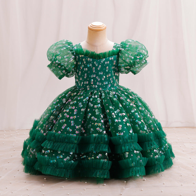 Tea Length Princess Dress for Girls - Pleated Tulle Short Sleeve Sweetheart Gown