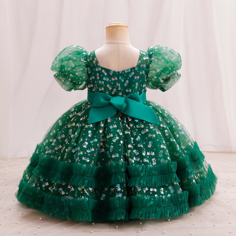 Tea Length Princess Dress for Girls - Pleated Tulle Short Sleeve Sweetheart Gown