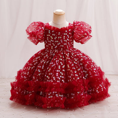 Tea Length Princess Dress for Girls - Pleated Tulle Short Sleeve Sweetheart Gown