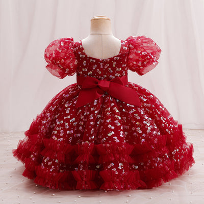 Tea Length Princess Dress for Girls - Pleated Tulle Short Sleeve Sweetheart Gown