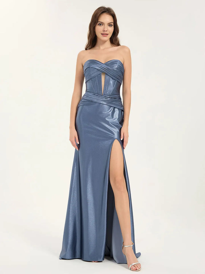 Twisted Front Sweetheart Neck A-Line Maxi Dress in Metallic Stretch Satin | Leg Slit & Open Back Carlyna Twisted Front Sweetheart Neck A-Line Maxi Dress in Metallic Stretch Satin | Leg Slit & Open Back Carlyna