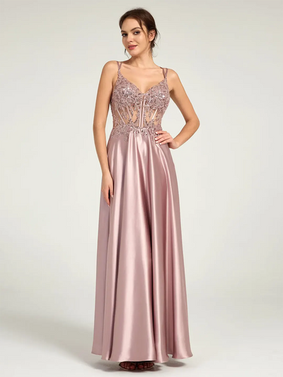 Carlyna V-Neck Beaded Floral Bustier Lace-Up Satin Maxi Formal Dress