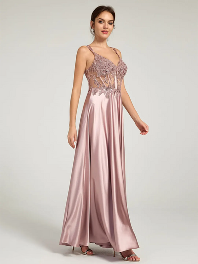 Carlyna Carlyna V-Neck Beaded Floral Bustier Lace-Up Satin Maxi Formal Dress