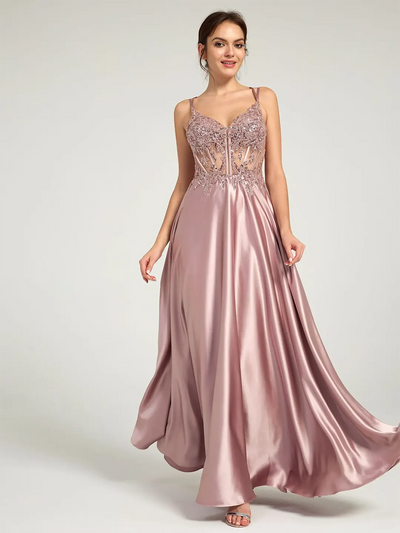 Carlyna Carlyna Carlyna V-Neck Beaded Floral Bustier Lace-Up Satin Maxi Formal Dress