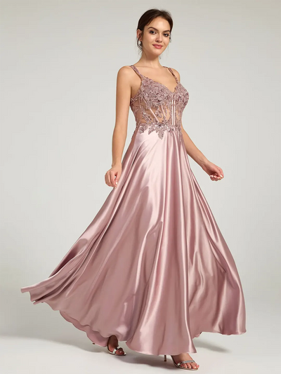 Carlyna Carlyna Carlyna Carlyna V-Neck Beaded Floral Bustier Lace-Up Satin Maxi Formal Dress