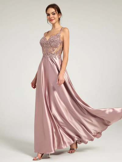 Carlyna Carlyna Carlyna Carlyna Carlyna V-Neck Beaded Floral Bustier Lace-Up Satin Maxi Formal Dress