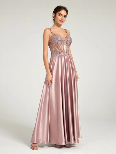 Carlyna Carlyna Carlyna Carlyna Carlyna Carlyna V-Neck Beaded Floral Bustier Lace-Up Satin Maxi Formal Dress