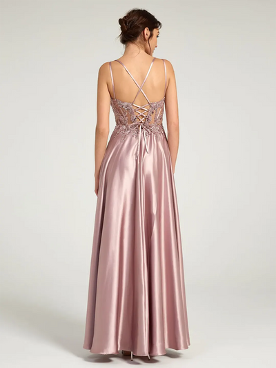 Carlyna Carlyna Carlyna Carlyna Carlyna Carlyna Carlyna Carlyna V-Neck Beaded Floral Bustier Lace-Up Satin Maxi Formal Dress