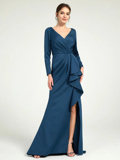 V-Neck Ruched Sheath Maxi Dress with Drape Detail and Leg Slit
