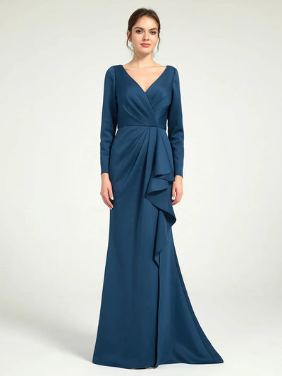V-Neck Ruched Sheath Maxi Dress with Drape Detail and Leg Slit