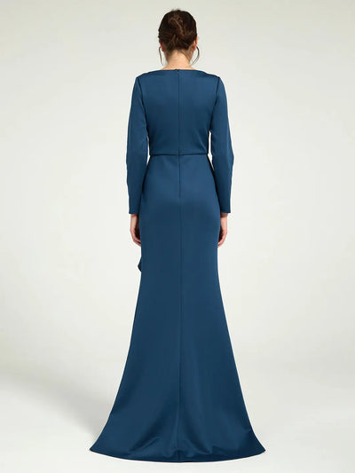 V-Neck Ruched Sheath Maxi Dress with Drape Detail and Leg Slit