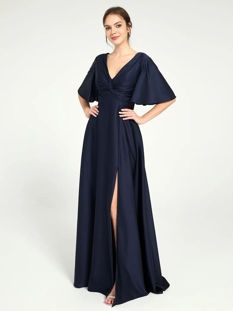 a line maxi dress formal V-Neck Satin A-Line with Leg Slit Evening Gown line chiffon silhouette High Low Homecoming Dress US Size:XXL - US 12 CIDER