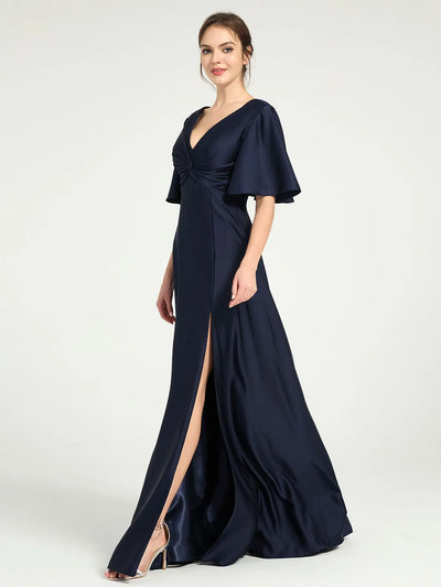 V-Neck Satin A-Line Maxi Dress with Leg Slit Formal Evening Gown