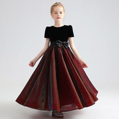 Dark Red Velvet Flower Girl Dress with Bowknot & Ruffles | Kids Party Dress