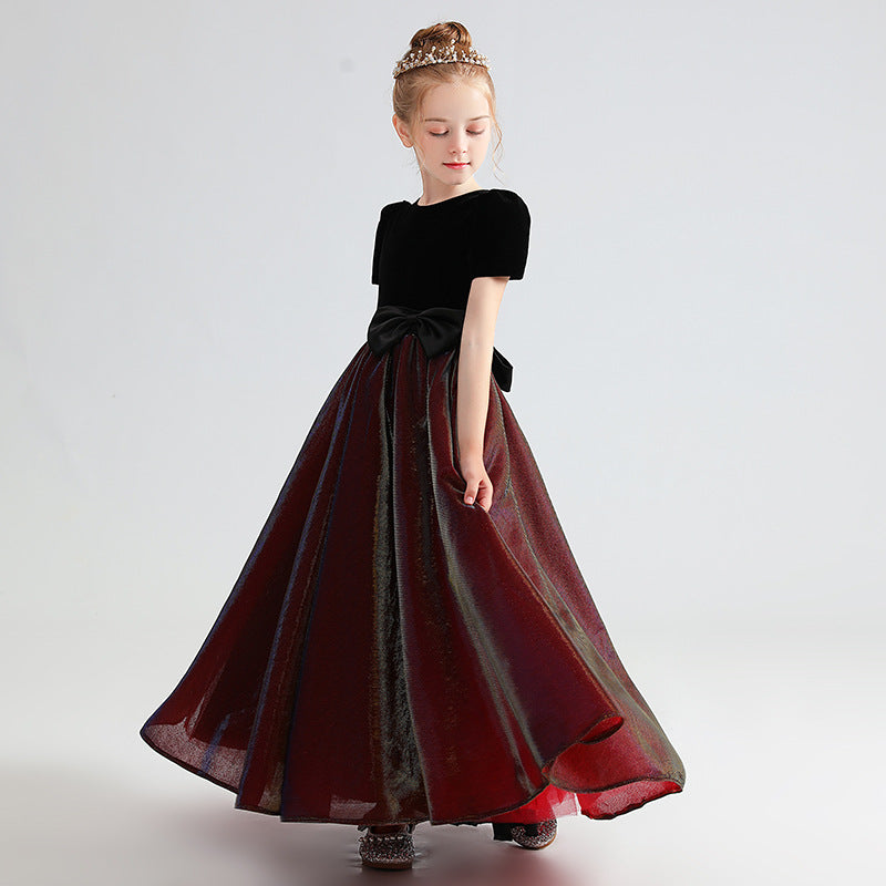 Dark Red Velvet Flower Girl Dress with Bowknot & Ruffles | Kids Party Dress