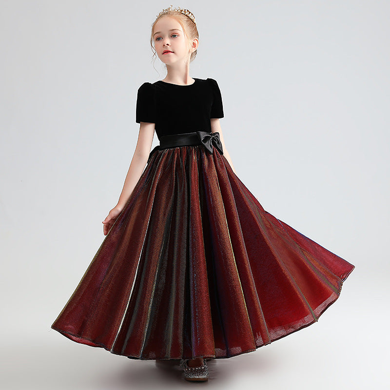 Dark Red Velvet Flower Girl Dress with Bowknot & Ruffles | Kids Party Dress