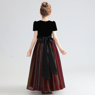 Dark Red Velvet Flower Girl Dress with Bowknot & Ruffles | Kids Party Dress