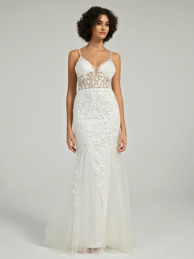 Carlyna V-Neck Lace-Up Mermaid Tulle Maxi Formal Prom Dress with Sequin Lace