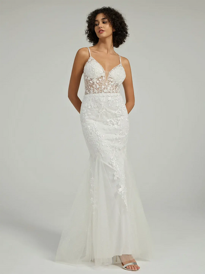 Carlyna Carlyna V-Neck Lace-Up Mermaid Tulle Maxi Formal Prom Dress with Sequin Lace