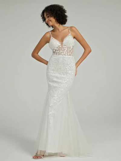 Carlyna Carlyna Carlyna V-Neck Lace-Up Mermaid Tulle Maxi Formal Prom Dress with Sequin Lace