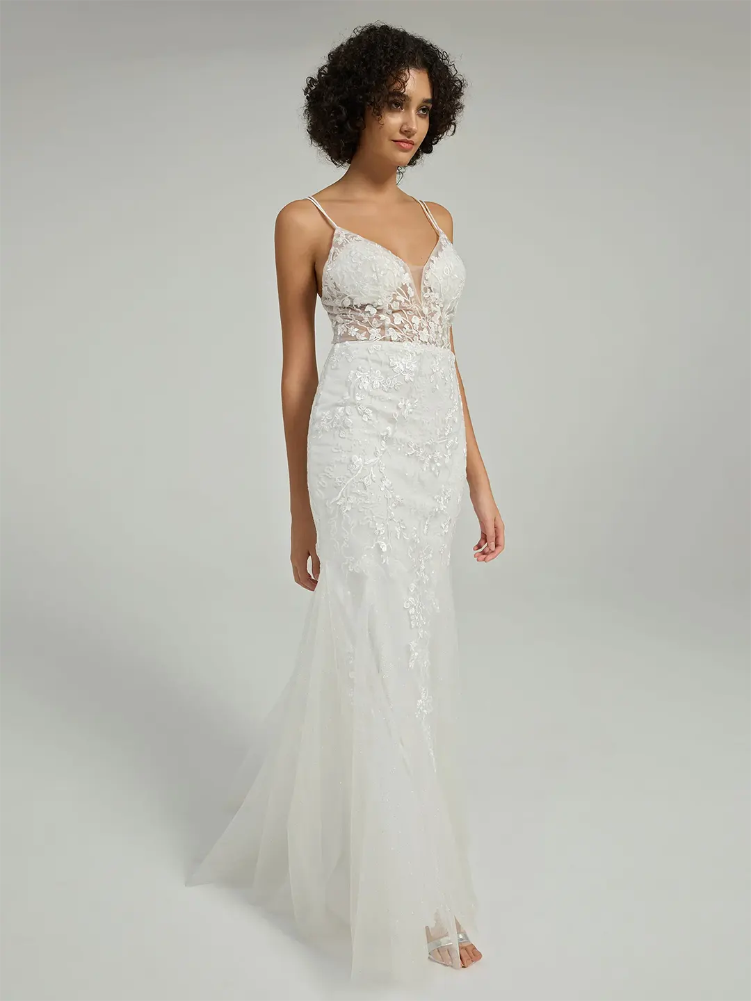 V-Neck Lace-Up Mermaid Tulle Maxi Formal Prom Dress with Sequin Lace