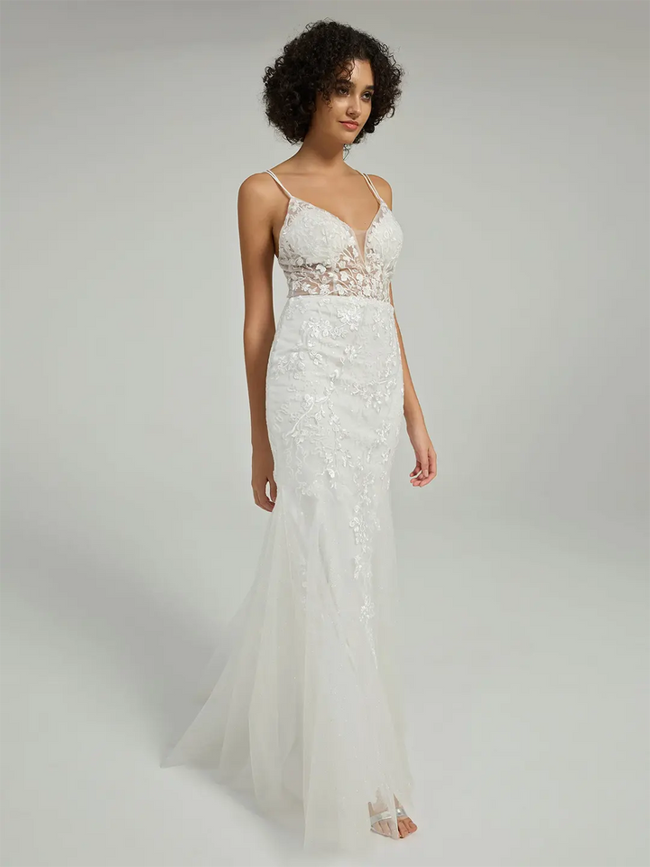 V-Neck Lace-Up Mermaid Tulle Maxi Formal Prom Dress with Sequin Lace