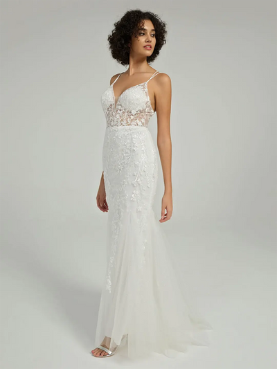 Carlyna Carlyna Carlyna Carlyna Carlyna V-Neck Lace-Up Mermaid Tulle Maxi Formal Prom Dress with Sequin Lace