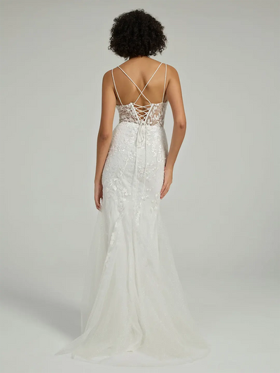 Carlyna Carlyna Carlyna Carlyna Carlyna Carlyna V-Neck Lace-Up Mermaid Tulle Maxi Formal Prom Dress with Sequin Lace