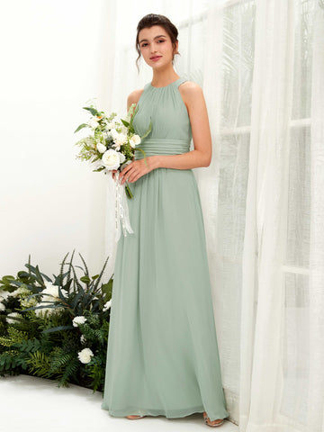 Sage Green Bridesmaid Dresses Bridesmaid Dress A-line Chiffon Halter Full Length Sleeveless Wedding Party Dress (81221505)#color_sage-green