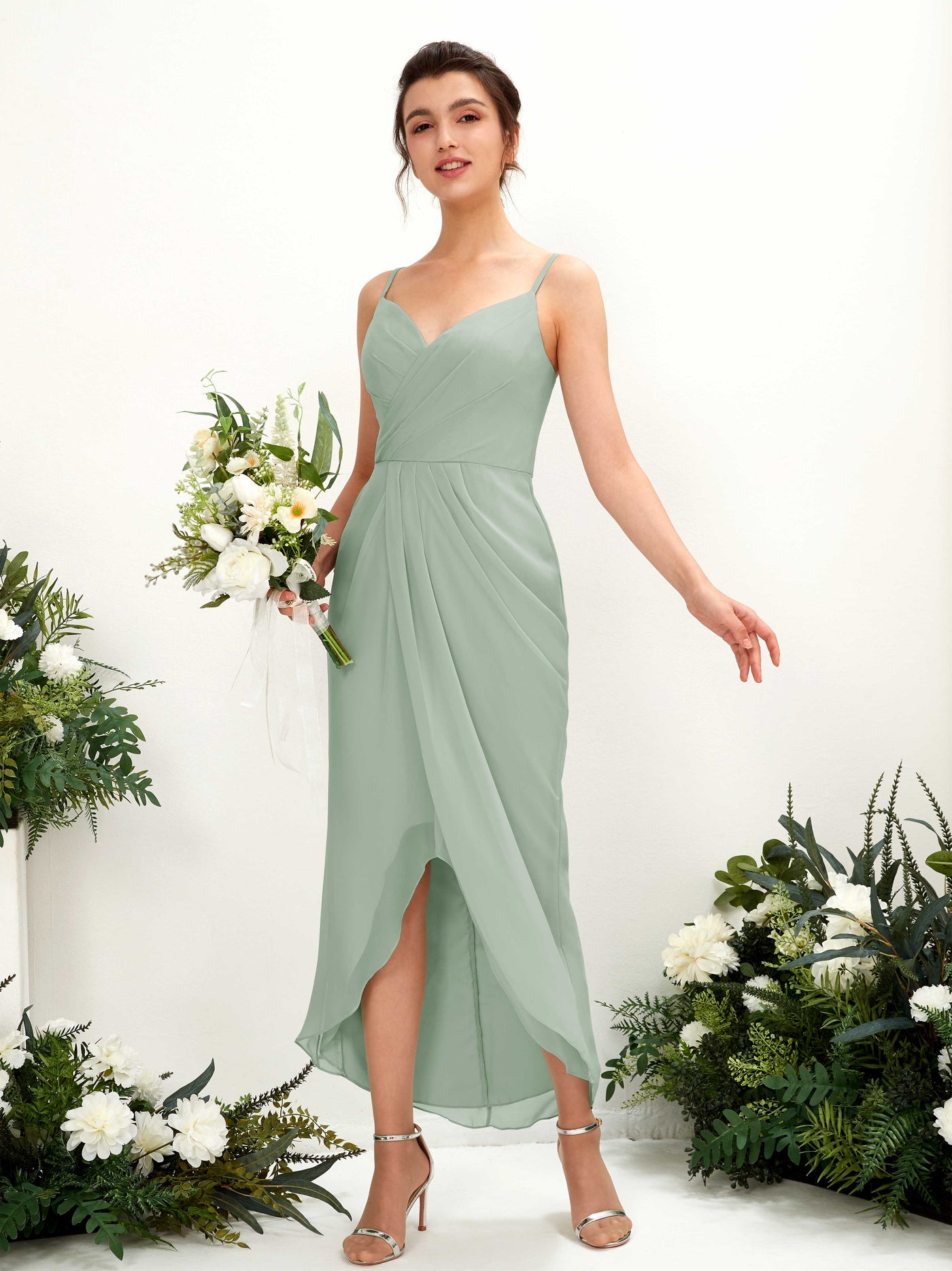 Sage Green Bridesmaid Dresses Bridesmaid Dress Chiffon Spaghetti-straps Tea Length Sleeveless Wedding Party Dress (81221305)#color_sage-green