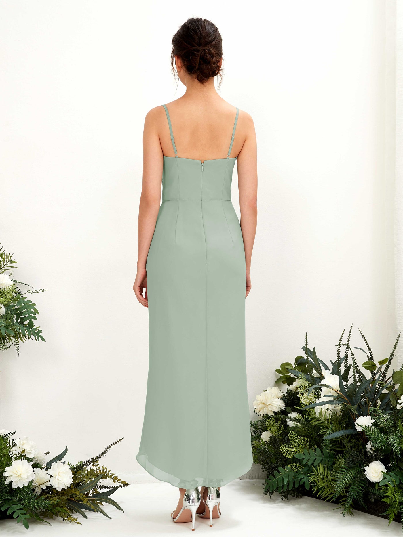 Sage Green Bridesmaid Dresses Bridesmaid Dress Chiffon Spaghetti-straps Tea Length Sleeveless Wedding Party Dress (81221305)#color_sage-green
