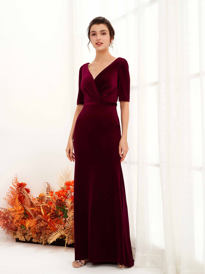 Burgundy Velvet Bridesmaid Dress Sheath Maxi V-Neck | Carlyna Burgundy Velvet Bridesmaid Dress Sheath Maxi V-Neck | Carlyna